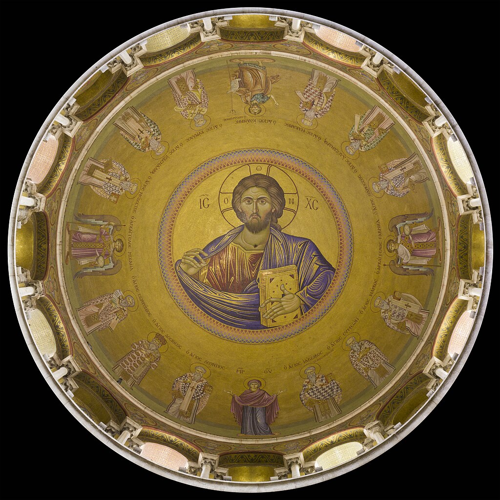 A view (directly overhead) of a Christ Pantocrator in the dome of the Church of the Holy Sepulchre, Old City of Jerusalem.